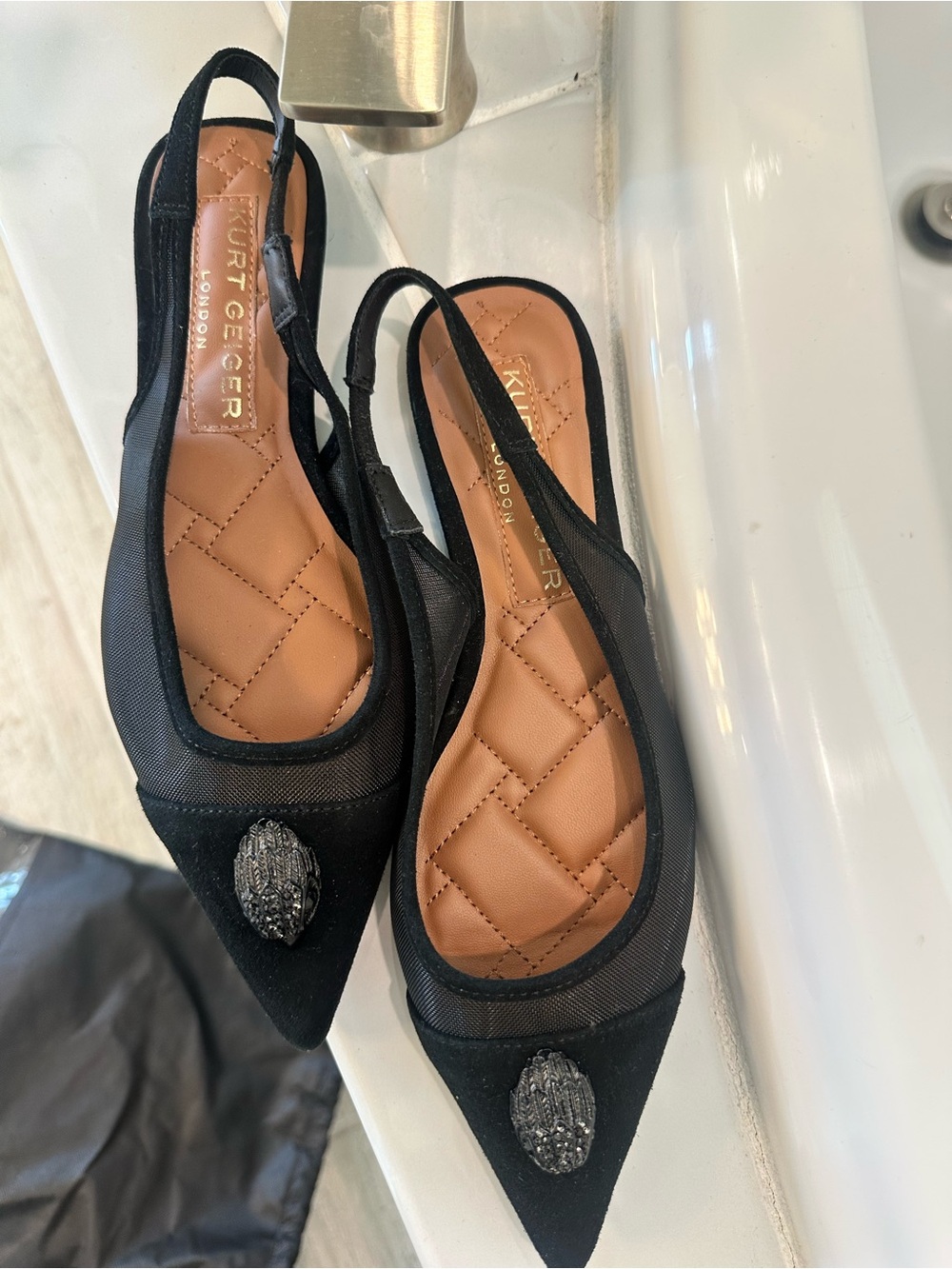 Kurt Geiger Black Pointed Slingback Flats with Textured Jewel Accent - Picture 5 of 6